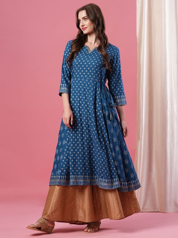 Globus Women Blue V Embroidered Neck Allover Ethnic Motifs Panelled Calf Length A-Line Kurta