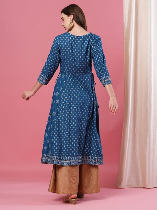 Globus Women Blue V Embroidered Neck Allover Ethnic Motifs Panelled Calf Length A-Line Kurta