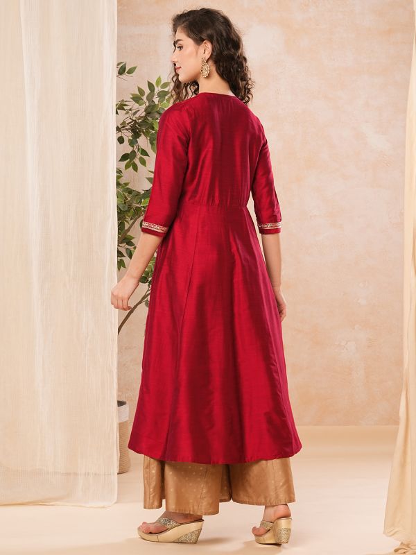 Globus Women Red Embroidered & Sequinned Yoke Panelled Anarkali Kurta