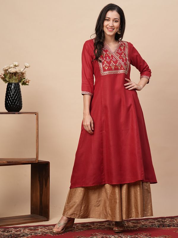 Globus Women Red Overlapped V-Neck Embroidered Yoke A-Line Kurta