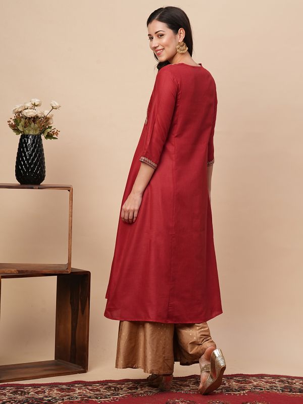 Globus Women Red Overlapped V-Neck Embroidered Yoke A-Line Kurta