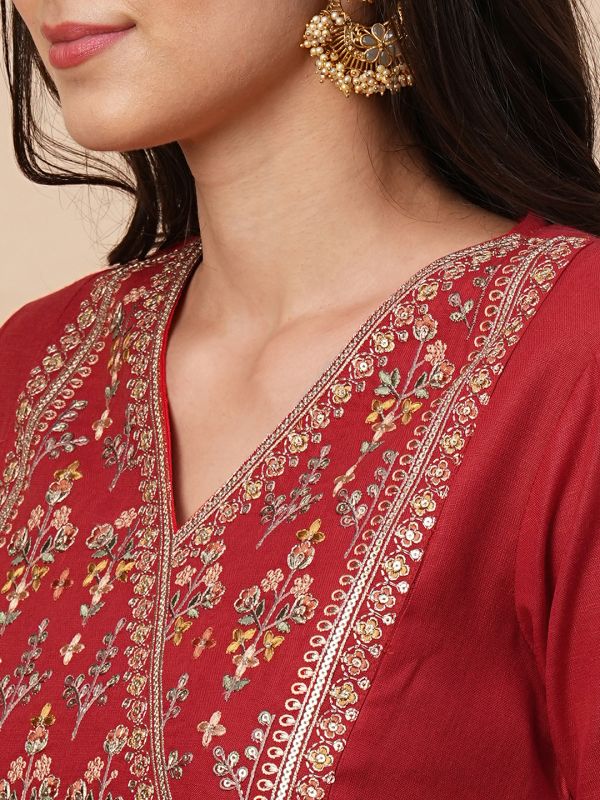 Globus Women Red Overlapped V-Neck Embroidered Yoke A-Line Kurta