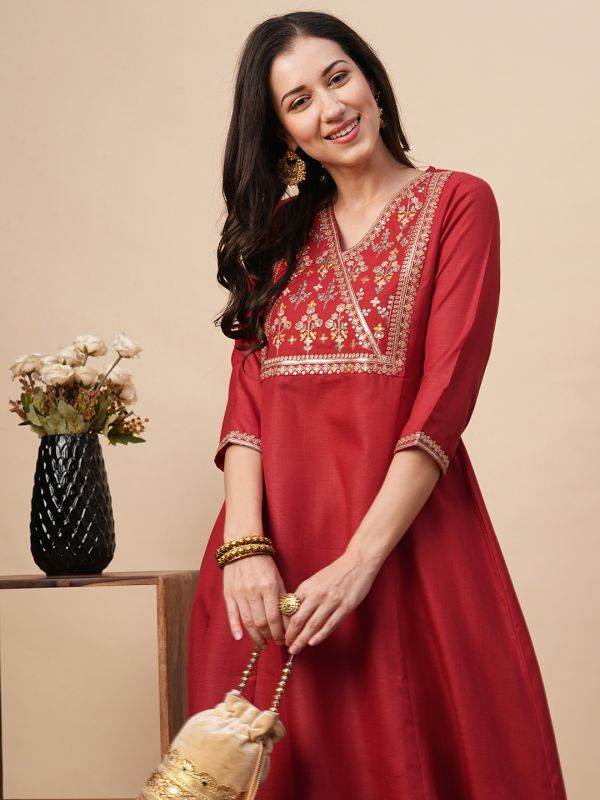 Globus Women Red Overlapped V-Neck Embroidered Yoke A-Line Kurta