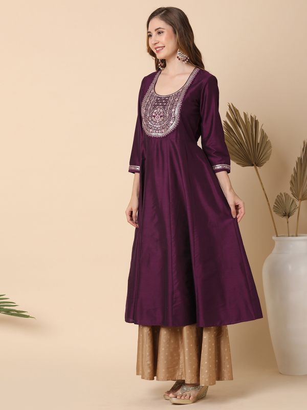 Globus Women Purple Embroidered Yoke Panelled Anarkali Kurta