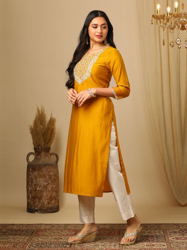 Globus Women Yellow Zari Embroidered Yoke Round Neck Straight Calf Length Ethnic Kurta