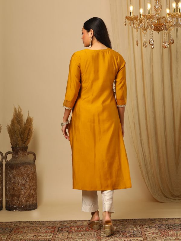 Globus Women Yellow Zari Embroidered Yoke Round Neck Straight Calf Length Ethnic Kurta