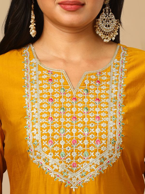 Globus Women Yellow Zari Embroidered Yoke Round Neck Straight Calf Length Ethnic Kurta