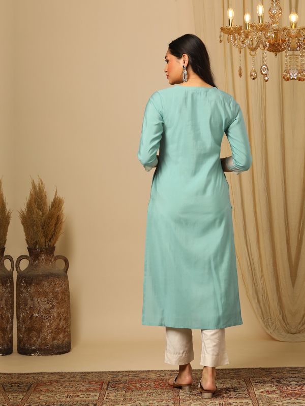 Globus Women Green V-Neck Zari Embroidered Yoke Design Straight Calf Length Ethnic Kurta