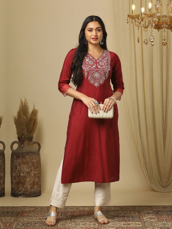 Globus Women Red V-Neck Zari Embroidered Yoke Design Straight Calf Length Ethnic Kurta