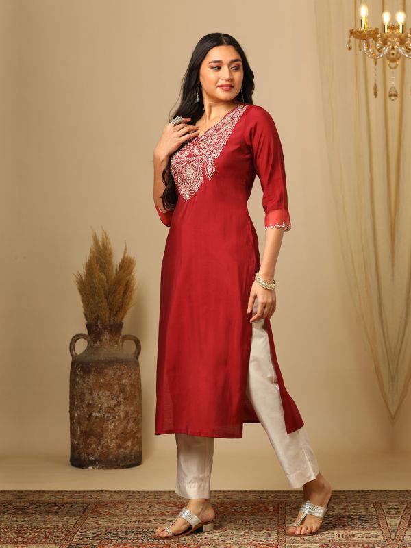 Globus Women Red V-Neck Zari Embroidered Yoke Design Straight Calf Length Ethnic Kurta