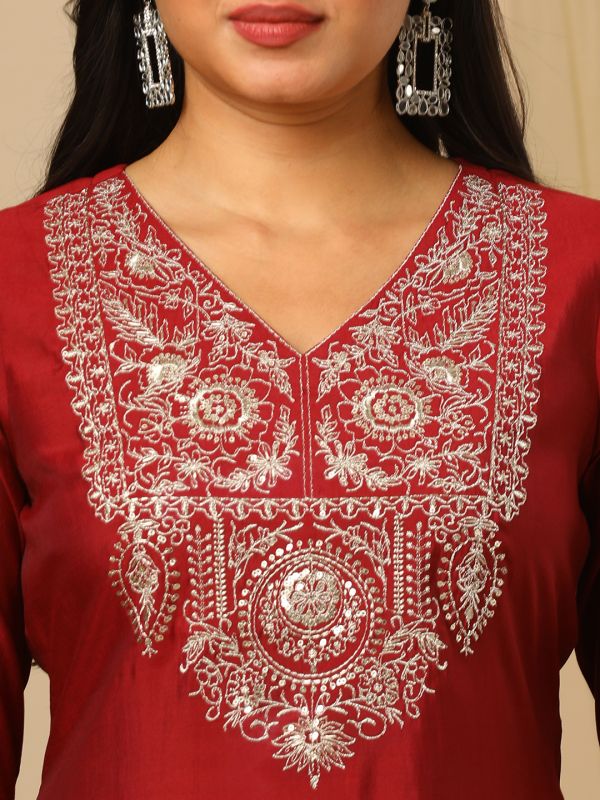 Globus Women Red V-Neck Zari Embroidered Yoke Design Straight Calf Length Ethnic Kurta