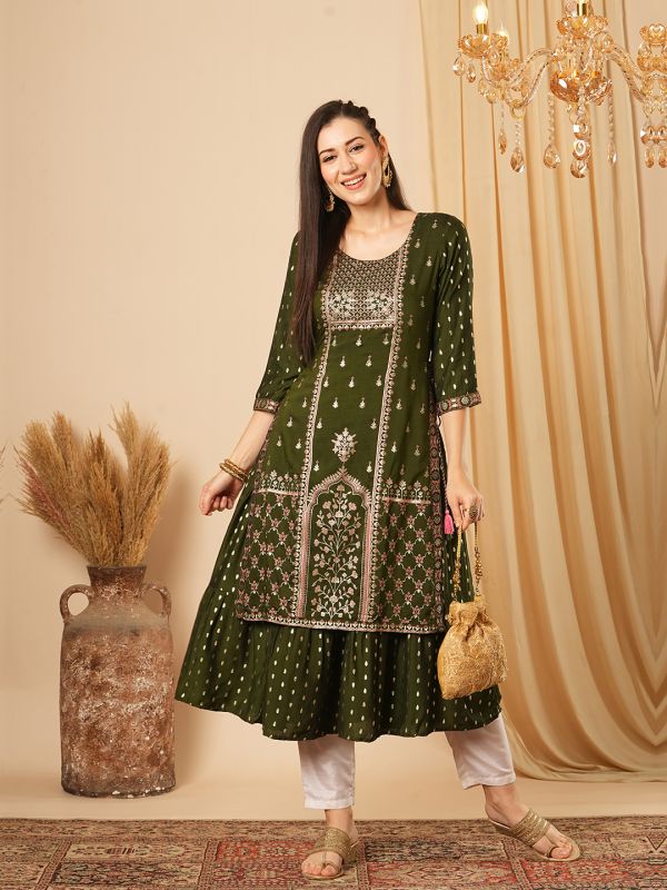 Globus Women Green Gold Foil Ethnic & Floral Print Layered A-Line Festive Kurta