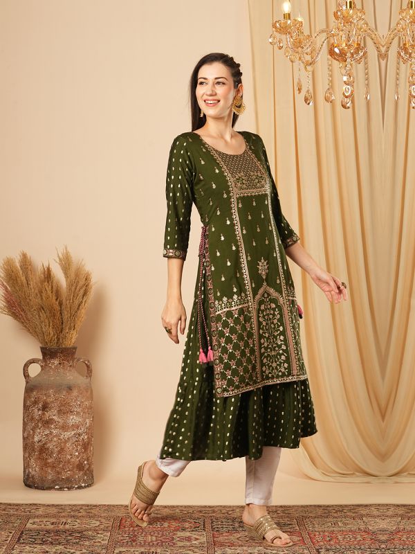 Globus Women Green Gold Foil Ethnic & Floral Print Layered A-Line Festive Kurta