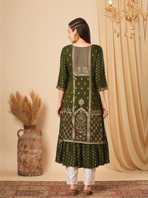 Globus Women Green Gold Foil Ethnic & Floral Print Layered A-Line Festive Kurta