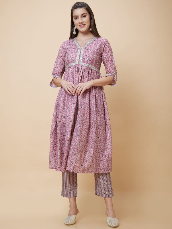 Globus Women Pink Ethnic Motifs Print A-Line Fusion Kurta Set With Trouser