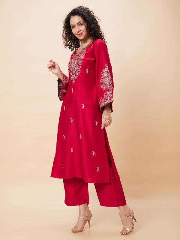 Globus Women Red Embroidered Bell Sleeve Straight Kurta & Wide Leg Trouser Set