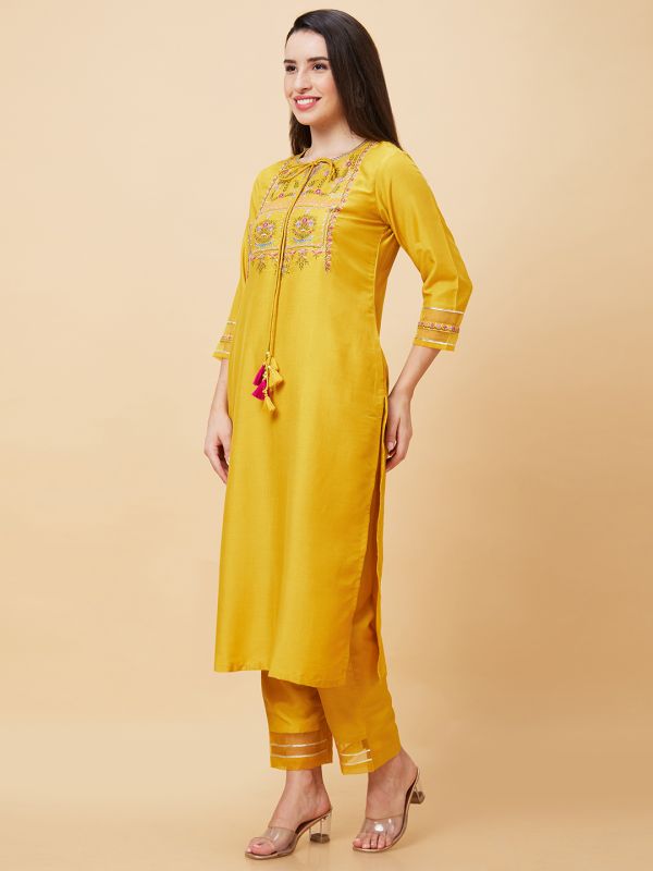 Globus Women Yellow Floral Yoke Embroidered Tie-Up Neck Festive Straight Kurta Set with Trouser
