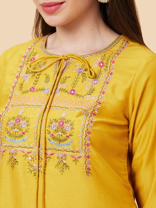Globus Women Yellow Floral Yoke Embroidered Tie-Up Neck Festive Straight Kurta Set with Trouser