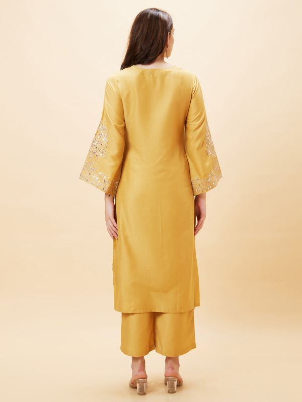 Globus Women Yellow Embroidered Bell Sleeve Straight Kurta & Wide Leg Trouser Set