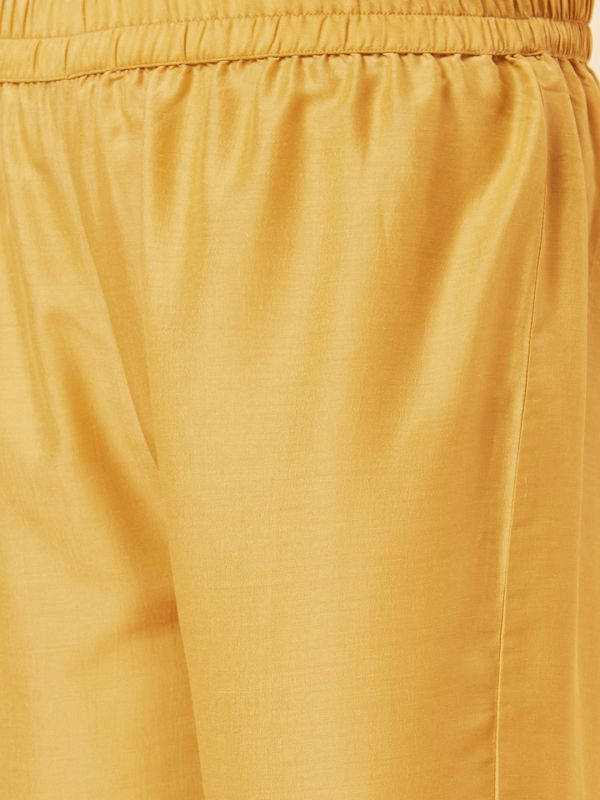Globus Women Yellow Embroidered Bell Sleeve Straight Kurta & Wide Leg Trouser Set