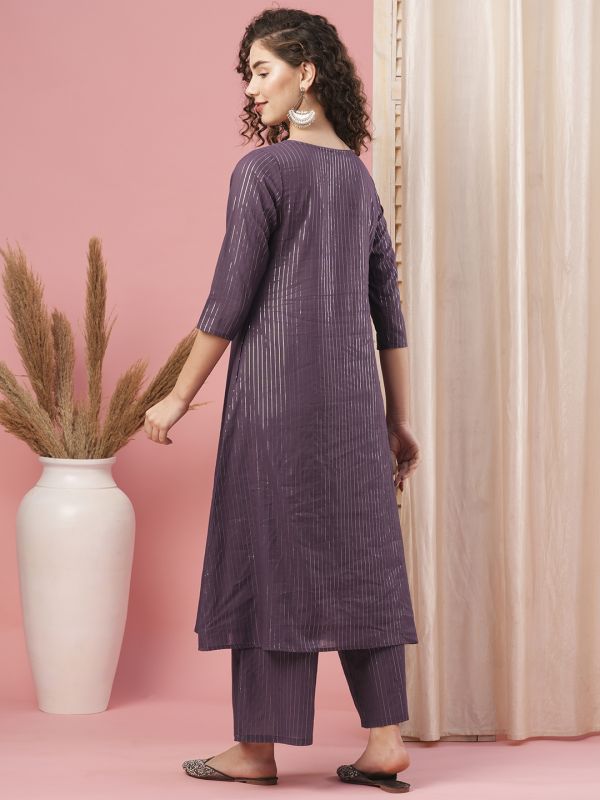 Globus Women Purple Boat Neck Cotton Lurex Straight A-Line Kurta With Palazzo