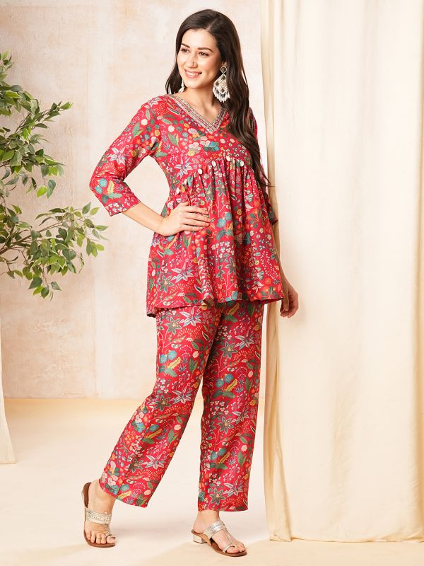 Globus Women Red Printed Alia-Cut A-Line Peplum Tunic & Straight Pant Co-Ord Set