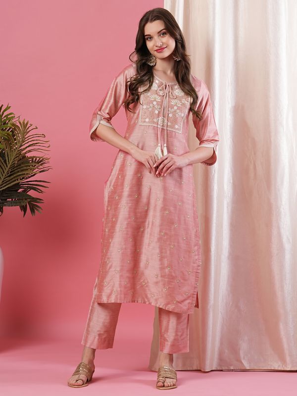 Globus Women Dusty Pink Allover Embroidered Calf Length Straight Kurta With Pant