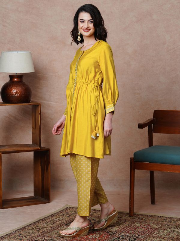 Globus Women Yellow Gathered Waist Tassel Tie-Ups Tunic & Printed Trousers Set