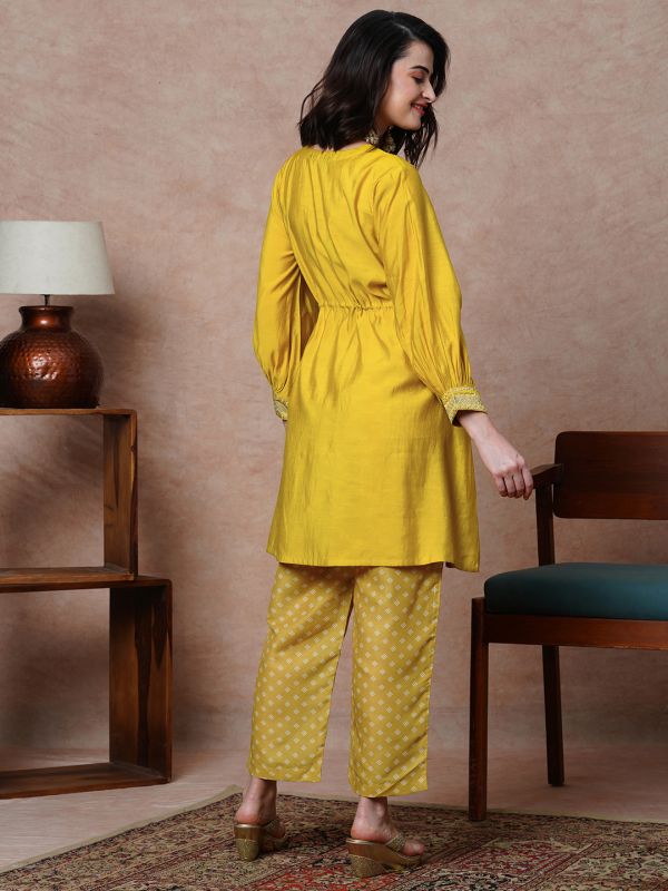 Globus Women Yellow Gathered Waist Tassel Tie-Ups Tunic & Printed Trousers Set