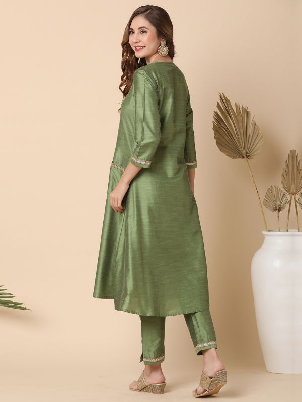 Globus Women Green Embroidered Yoke A-Line Kurta With Narrow Pants