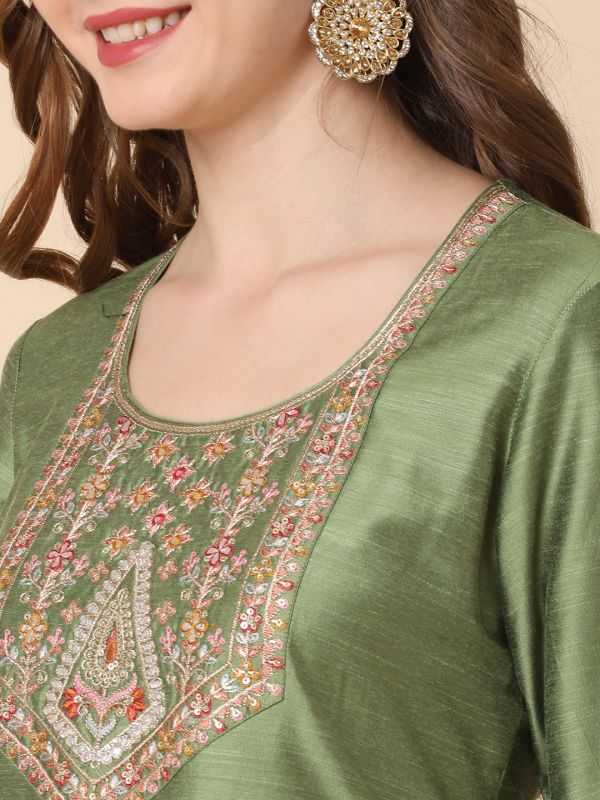 Globus Women Green Embroidered Yoke A-Line Kurta With Narrow Pants