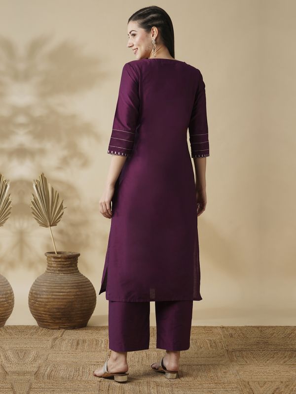 Globus Women Purple Round Neck Embroidered Yoke Straight Calf Length Kurta & Trouser Set