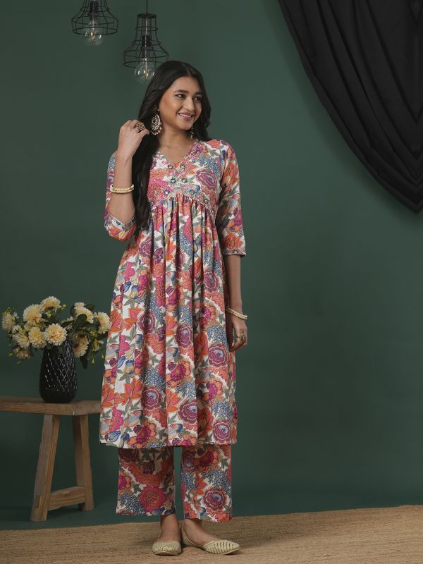 Globus Women Coral V-Neck Embroidered Detail Floral Printed High Slit A-Line Aliya Cut Kurta & Pants Fusion Set