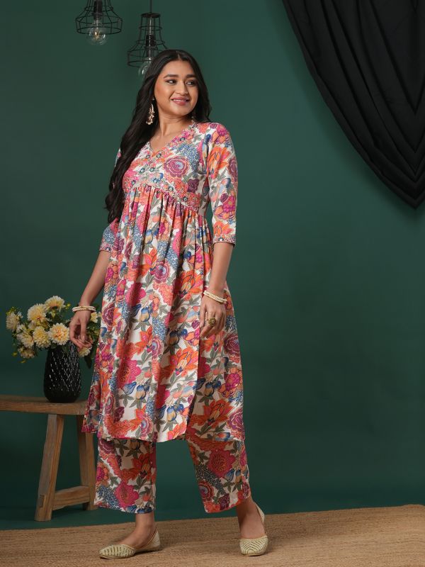 Globus Women Coral V-Neck Embroidered Detail Floral Printed High Slit A-Line Aliya Cut Kurta & Pants Fusion Set