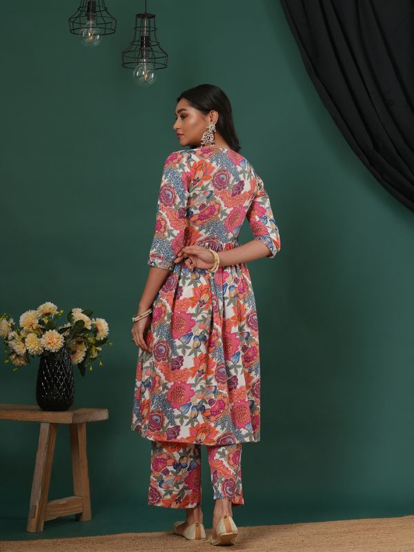 Globus Women Coral V-Neck Embroidered Detail Floral Printed High Slit A-Line Aliya Cut Kurta & Pants Fusion Set