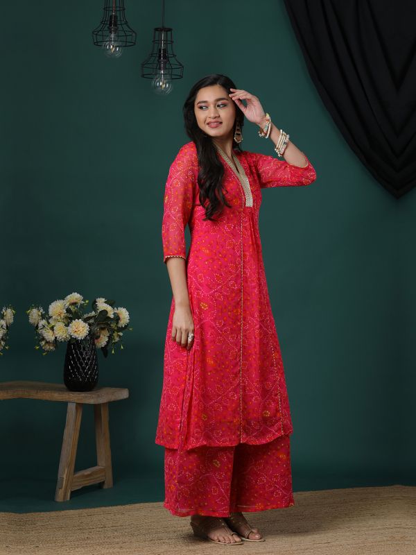 Globus Women Pink V-Neck Gotta Lace Bandhani Print Panelled A-Line Kurta & Flared Palazzos Festive Set