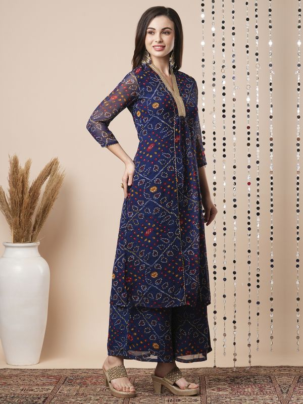 Globus Women Blue V-Neck Gotta Lace Bandhani Print Pleated A-Line Festive Kurta With Elasticated Pants