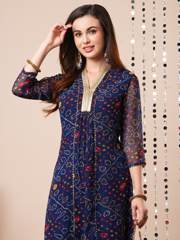 Globus Women Blue V-Neck Gotta Lace Bandhani Print Pleated A-Line Festive Kurta With Elasticated Pants