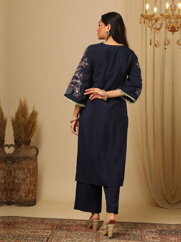 Globus Women Navy Blue V-Neck Zari Embroidered Fringe Lace Detailing Bell Sleeves Straight Kurta & Elasticated Pants Festive Set