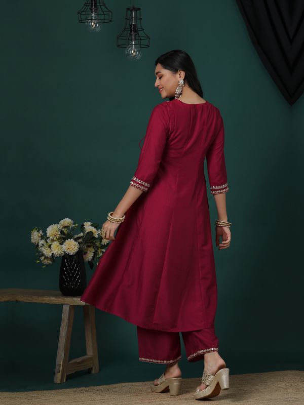 Globus Women Maroon Embroidered V-Neck Gold Lace Detail Panelled Angrakha A-Line Kurta & Elasticated Pants Festive Set