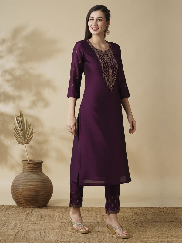 Globus Women Purple Zari Embroidered Yoke Straight Calf Length Kurta & Trouser Set