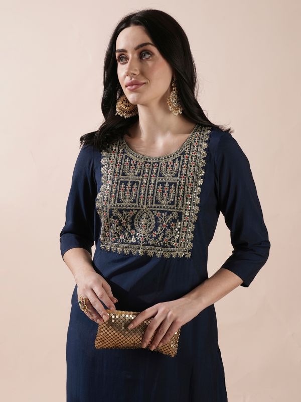 Globus Women Blue Embroidered & Sequinned Yoke Straight Kurta With Wide Leg Pants Festive Set