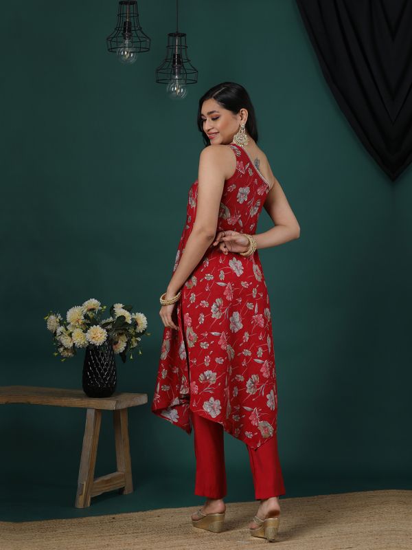 Globus Women Red One Shoulder Gotta Lace Detail Silver Highlight Floral Print Asymmetric Hem A-Line Kurta & Pants Fusion Set