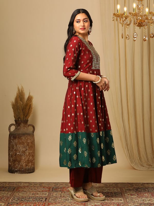 Globus Women Maroon Sequin Embroidered Yoke Gold Foil Print Panelled Anarkali Kurta & Elasticated Pants Festive Set