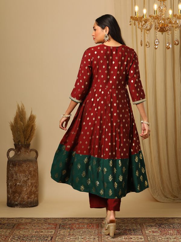 Globus Women Maroon Sequin Embroidered Yoke Gold Foil Print Panelled Anarkali Kurta & Elasticated Pants Festive Set