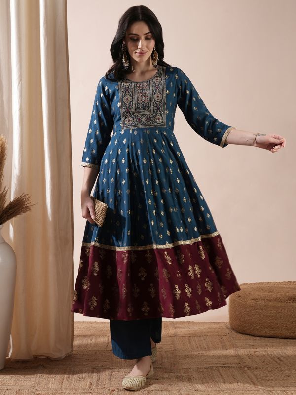 Globus Women Blue Gold Foil Printed Panelled Anarkali Kurta & Elasticated Pants Festive Set