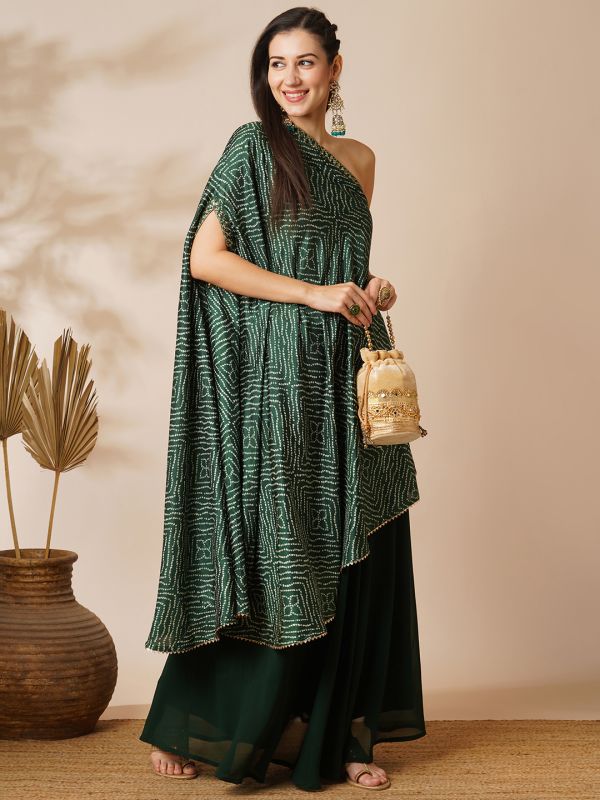 Globus Women Green Bandhani Printed Embroidered One Shoulder Tunic & Georgette Elasticated Floor Length Skirt Fusion Co-Ord Set