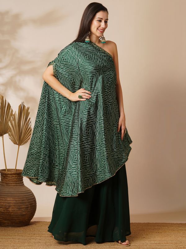 Globus Women Green Bandhani Printed Embroidered One Shoulder Tunic & Georgette Elasticated Floor Length Skirt Fusion Co-Ord Set