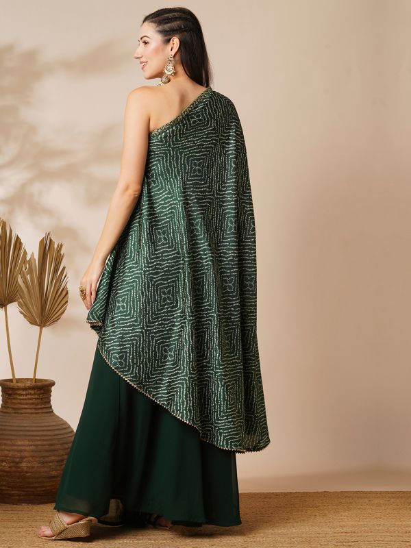 Globus Women Green Bandhani Printed Embroidered One Shoulder Tunic & Georgette Elasticated Floor Length Skirt Fusion Co-Ord Set