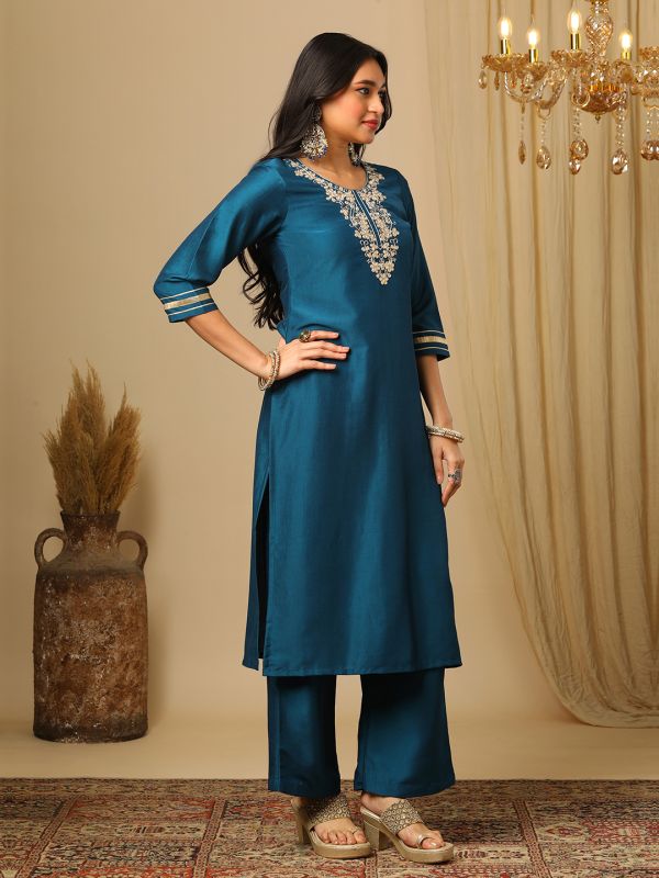 Globus Women Teal Zari Embroidered Yoke Gotta Lace Detailing Straight Kurta & Elasticated Pants Festive Set